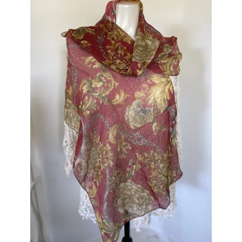 Ray Strauss Scarf Sheer Burgundy Beige‎ Yellow Flowers Rectangle 60
